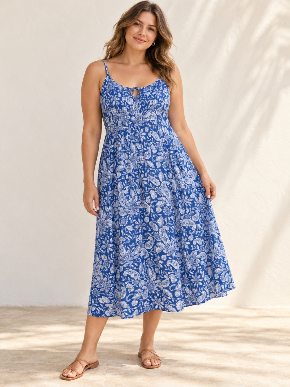 LOFT | Blue White Floral Paisley Keyhole Midi Dress - Size XL